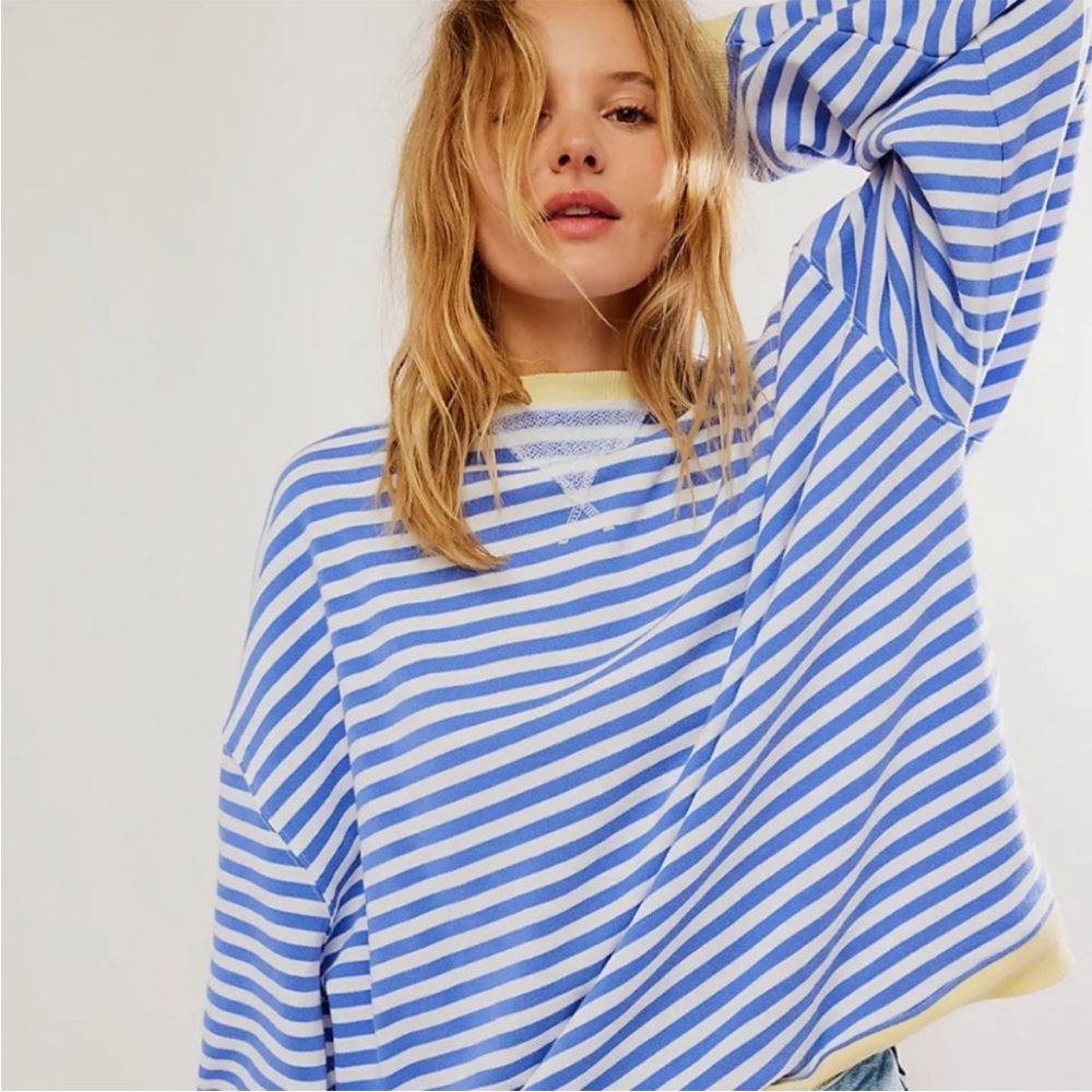 NWOT Free People Classic Striped Oversized Crewneck in Cobalt Combo Size XLarge